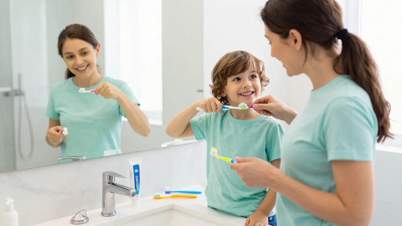 Rodič a dítě společně cvičí správnou techniku čištění zubů před zrcadlem v koupelně.