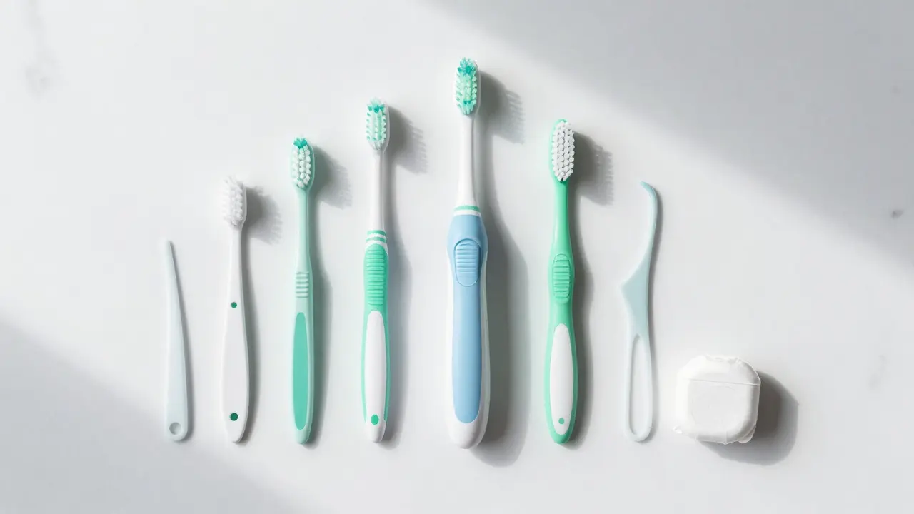 Sada pomůcek pro dentální hygienu: sonický kartáček, mezizubní kartáčky a nit.