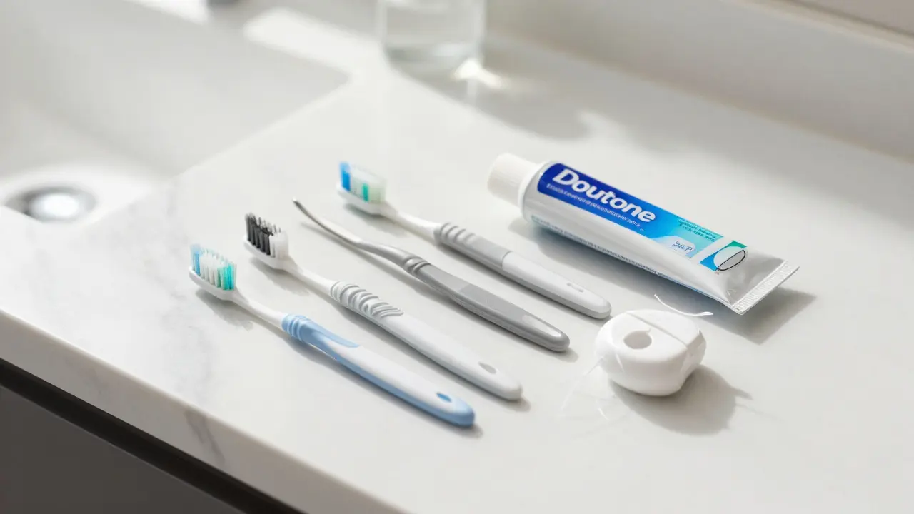 Sada pomůcek pro mezizubní hygienu: nit, kartáčky a pasta.