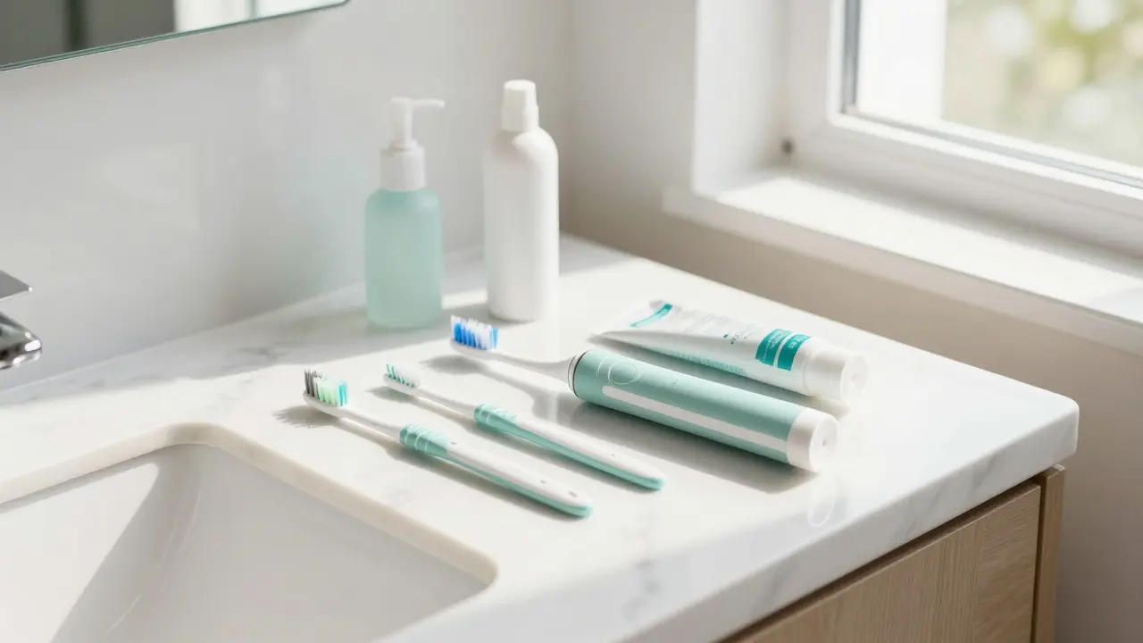 Sada pro domácí péči o zuby včetně sonického kartáčku a mezizubních kartáčků.