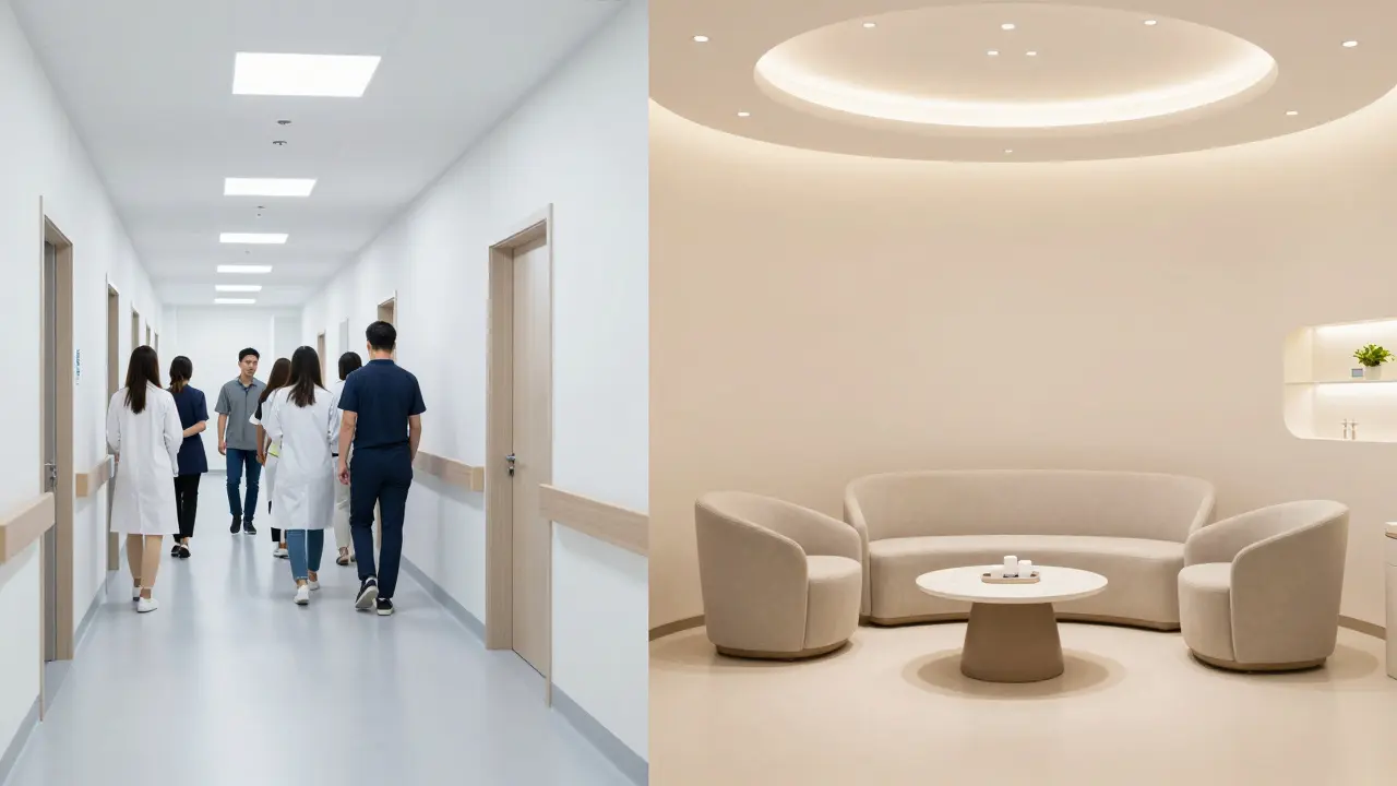 Srovnání čekárny v státní nemocnici a v soukromé zubní klinice.