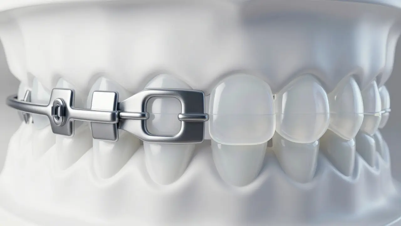 Srovnání kovového a diskrétního keramického závazku na modelu zubu.