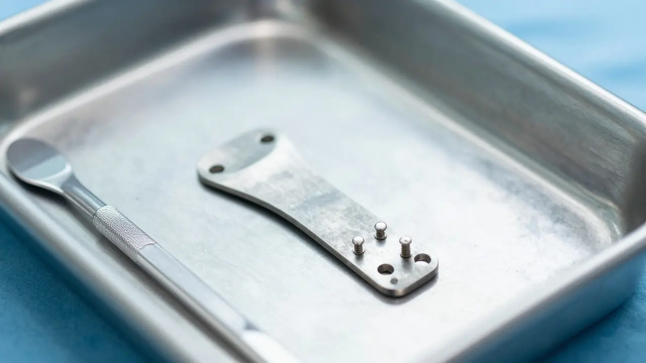 Titanovýv plátek a šroubky pro fixaci čelisti na sterilním stole.