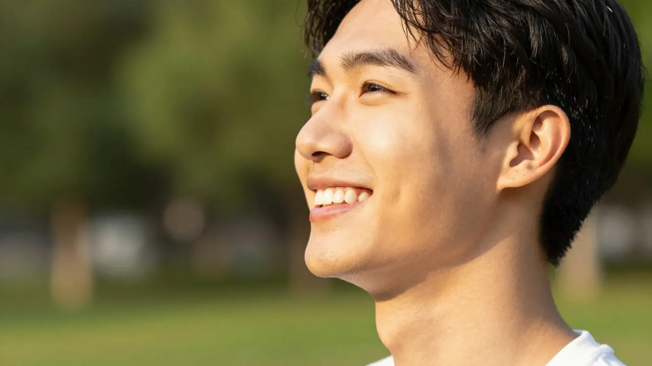 Usměvajíící se člověk s rovnými zuby vypadá odpočatý a plný energie.