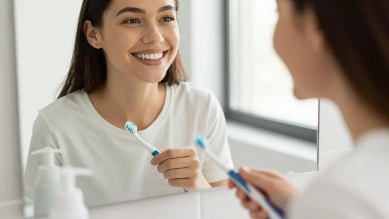 Usměvavá osoba s čistými zuby v koupelce s pomůckami pro domácí hygienu.