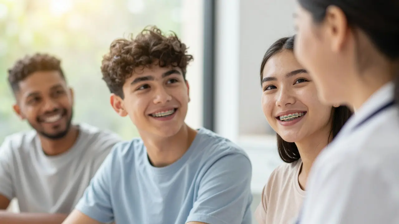 Usmívající se teenager a dospělý s nenápadnými keramickými rovnátky v přirozeném světle.