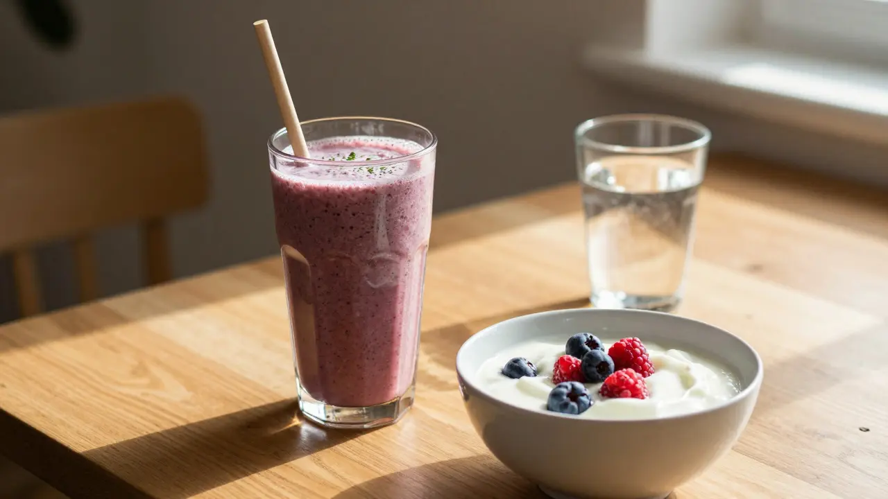 Zdravé smoothie a jogurt jako tekutá strava během rekonvalescence.