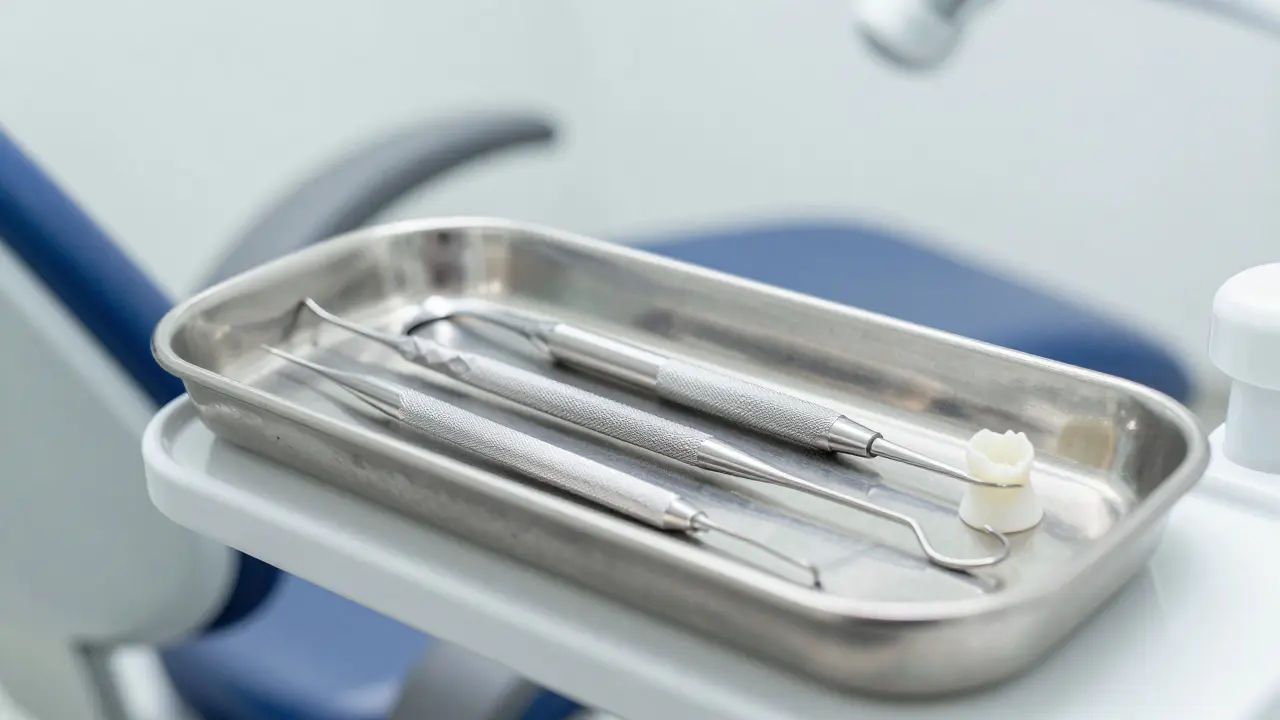 Zubní nástroje a dočasná výplň na sterilním podnosu.