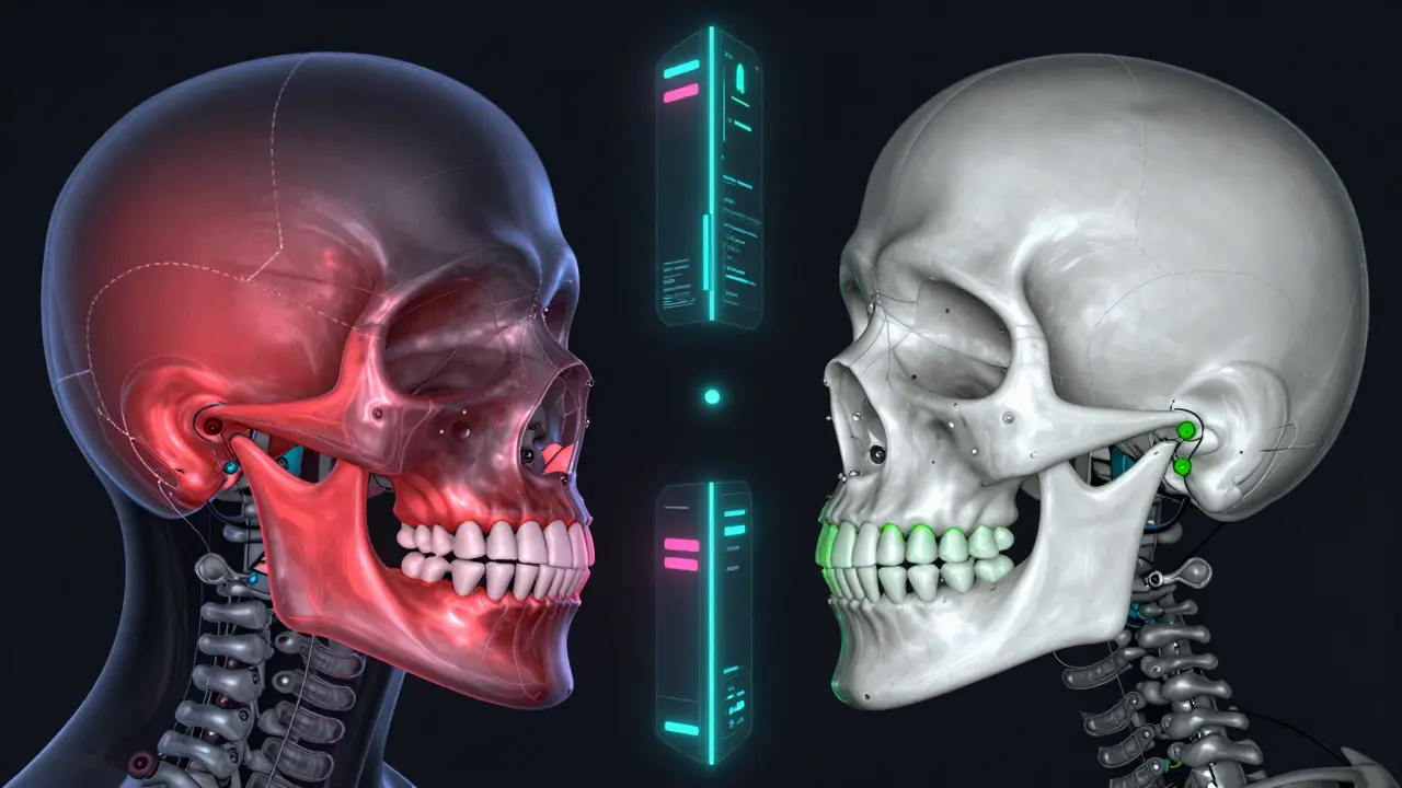 3D vizualizace plánování ortognatické chirurgie ukazující korekci zarovnání čelistí.