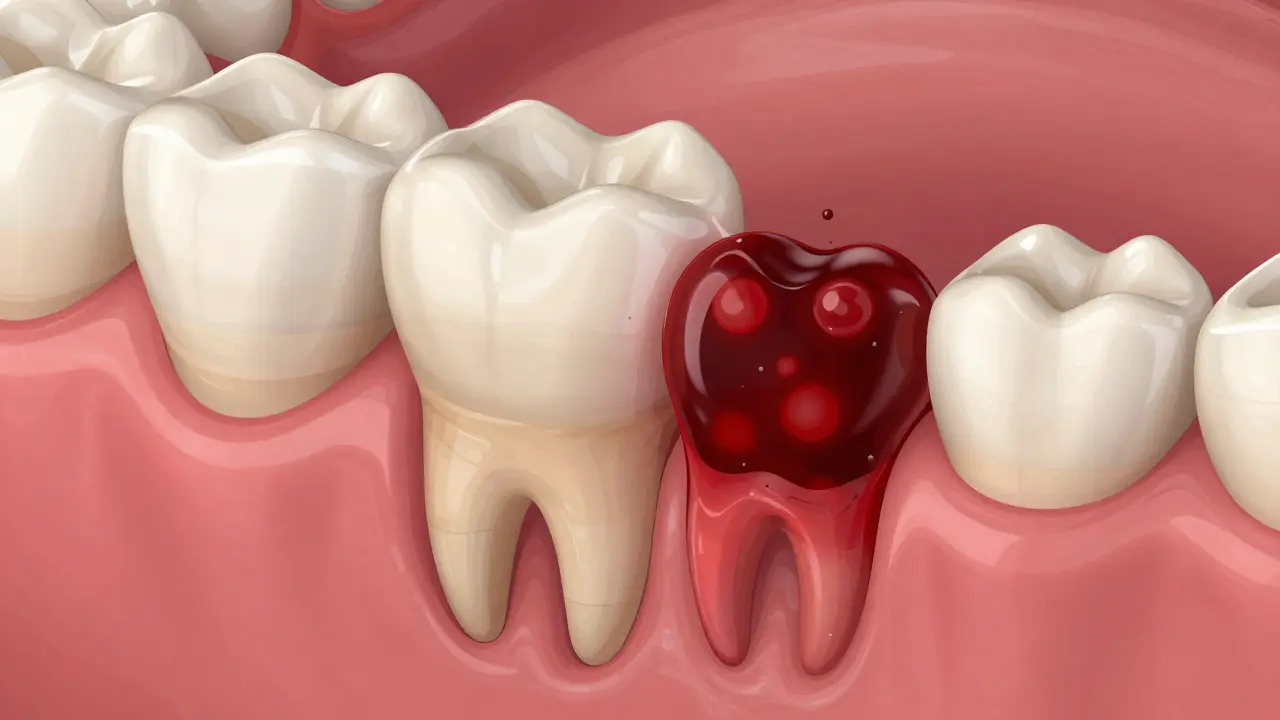 Anatomická ilustrace krevní sraženiny chránící dírku po vytrženém zubu