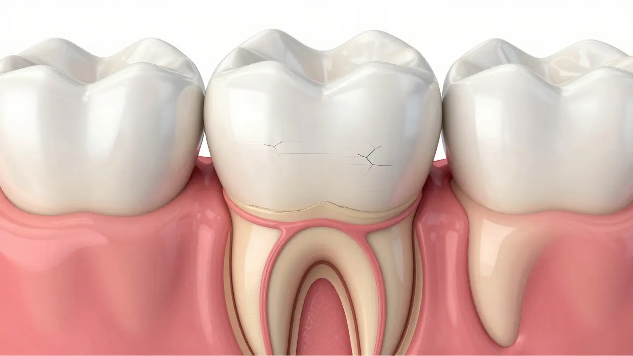 Detailní anatomický řez předním zubem ukazující nerv a citlivé oblasti.