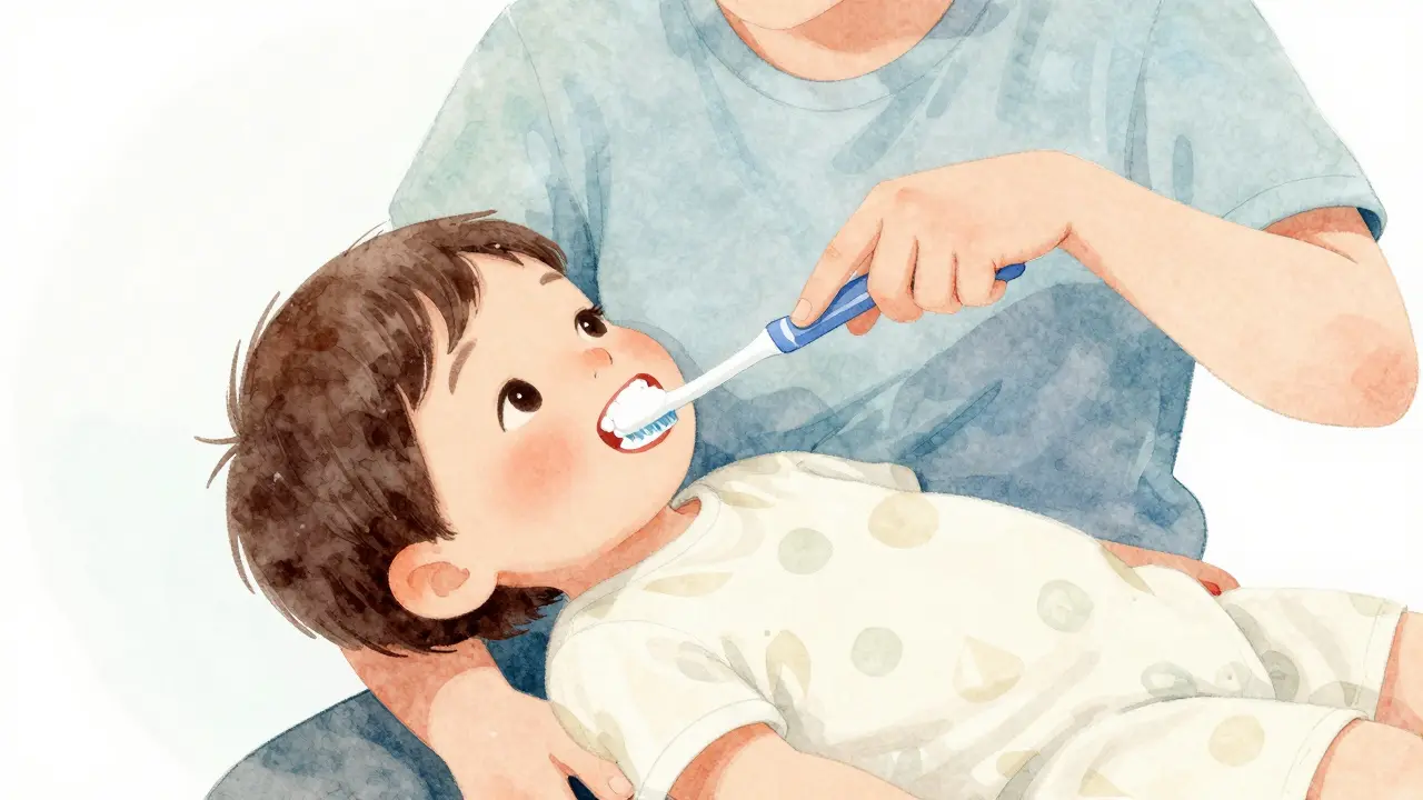Ilustrace rodiče, který správnou technikou čistí zuby dítěti