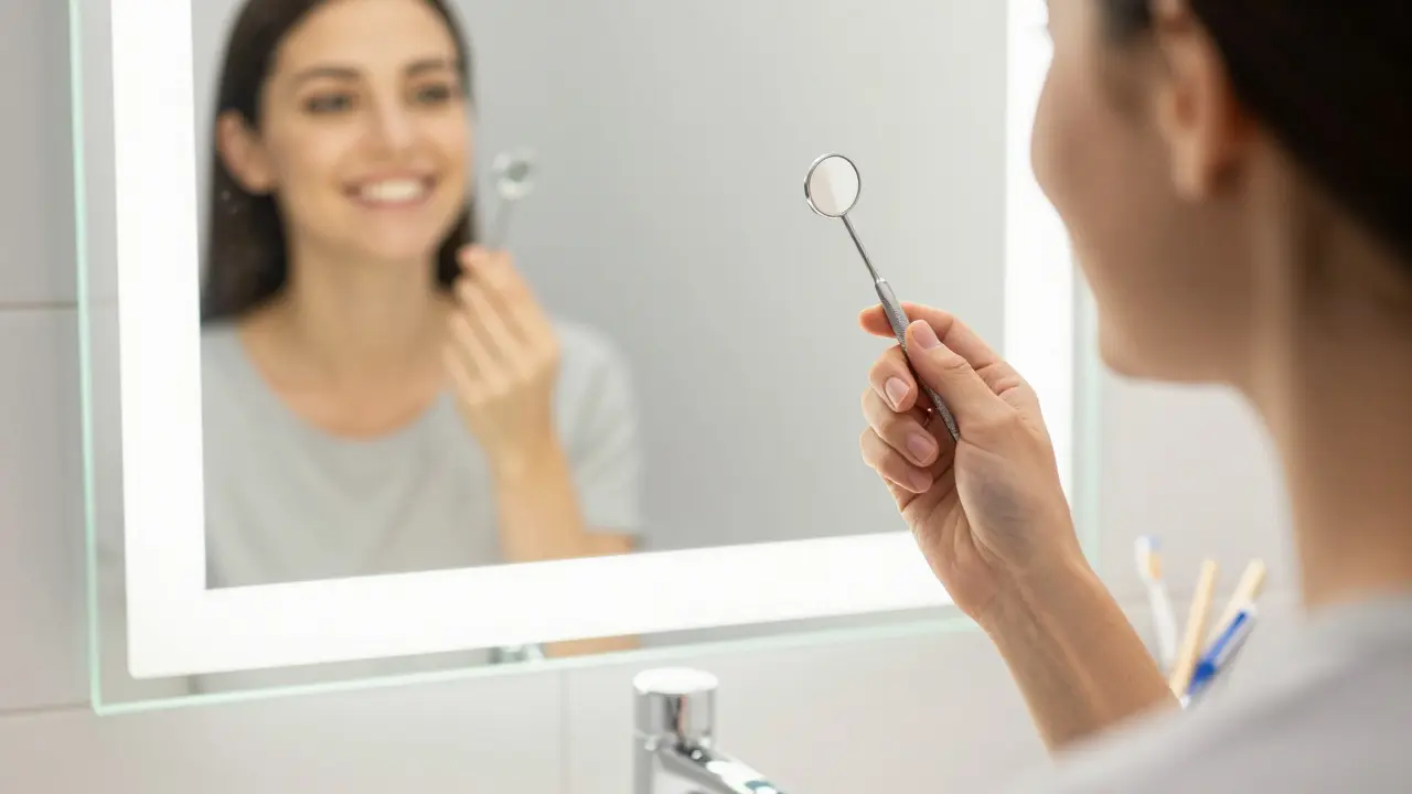 Osoba používající dentální zrcátko pro domácí kontrolu zubů před zrcadlem.