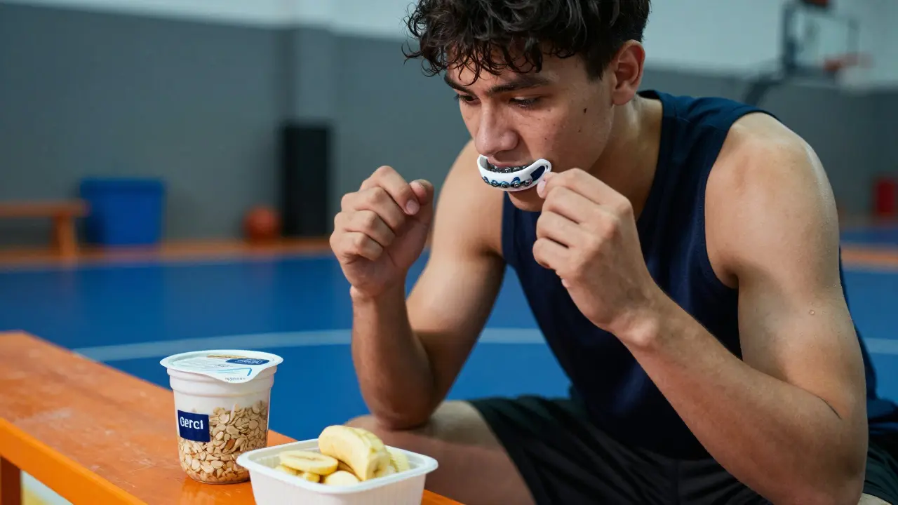 Sportovec s chráničem zubů a vhodným jídlem