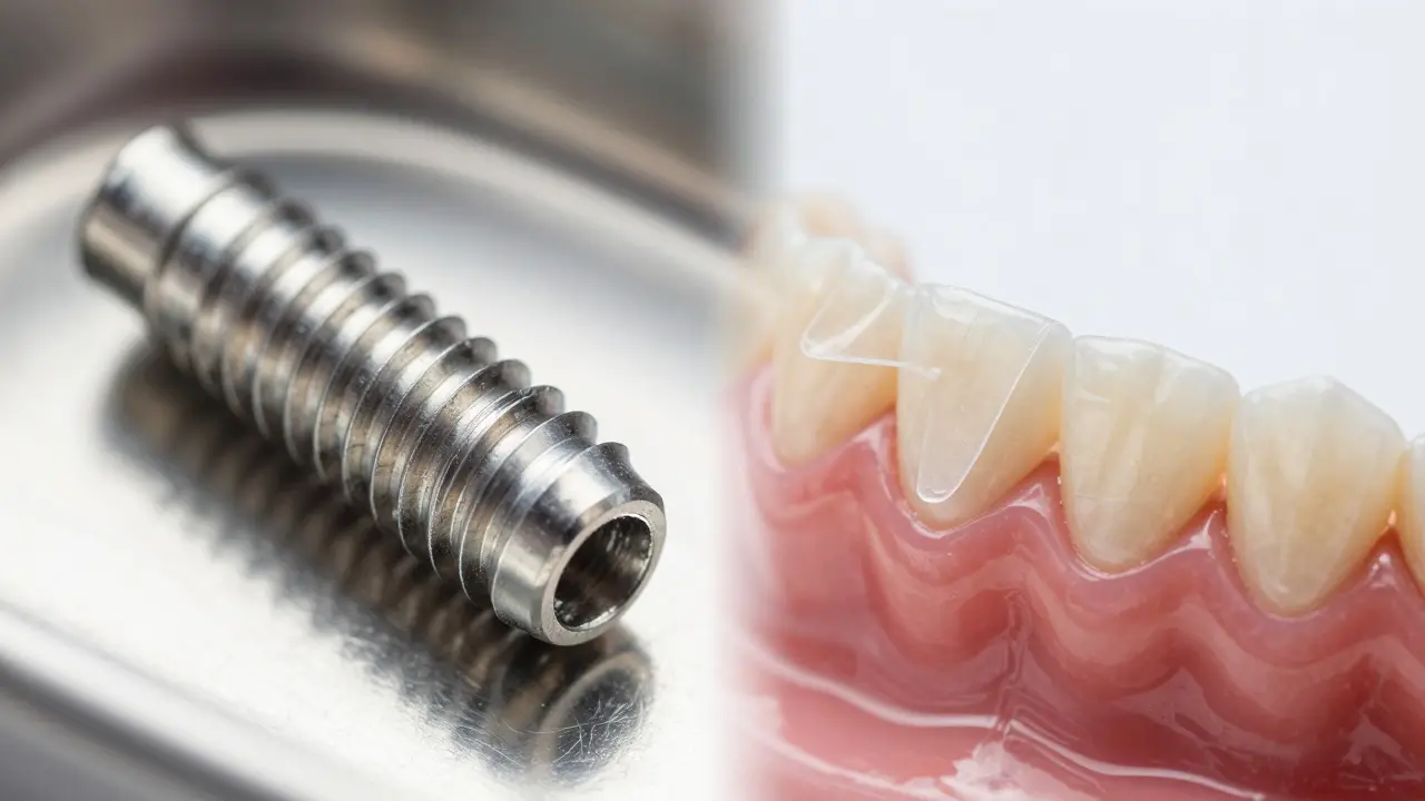 Srovnání titanového implantátu a plastové nalepovací destičky