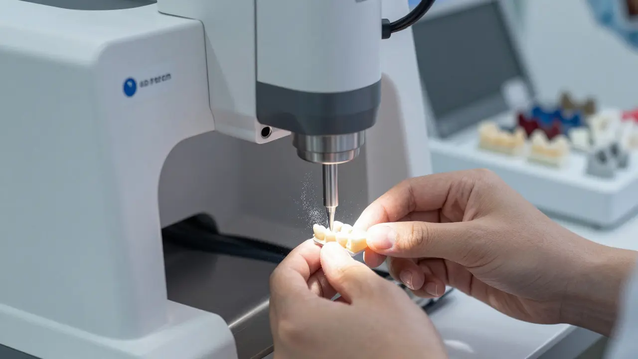Technik vyrábí keramickou korunku na CNC stroji