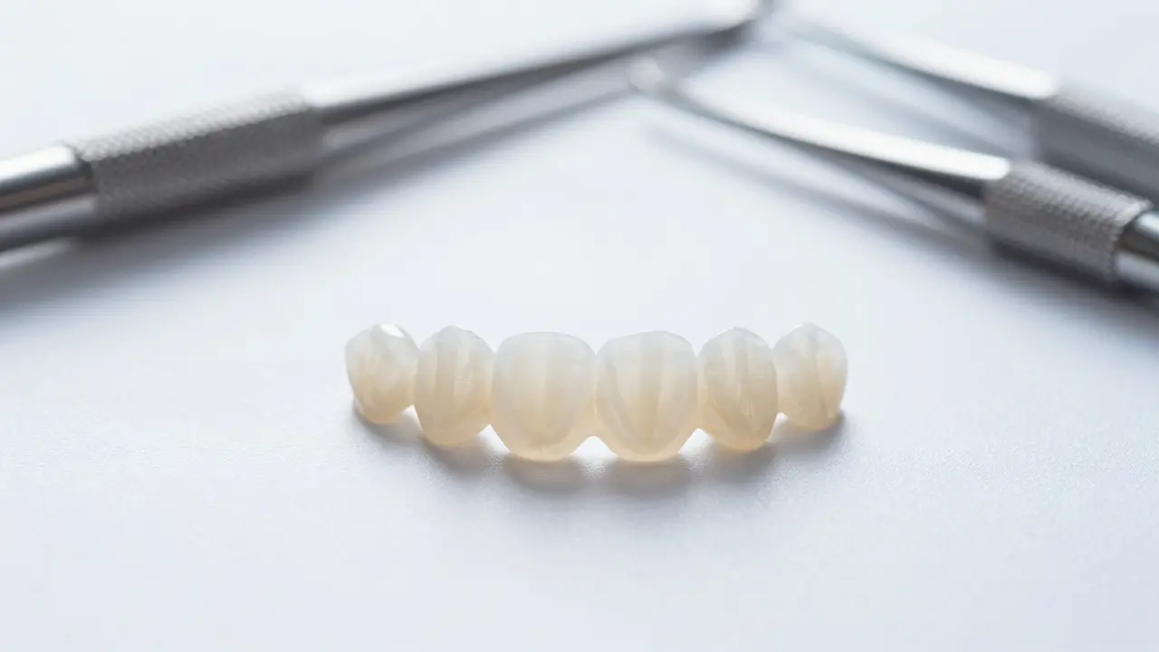 Tenké porcelánové fazety a stomatologické nástroje na bílém pozadí
