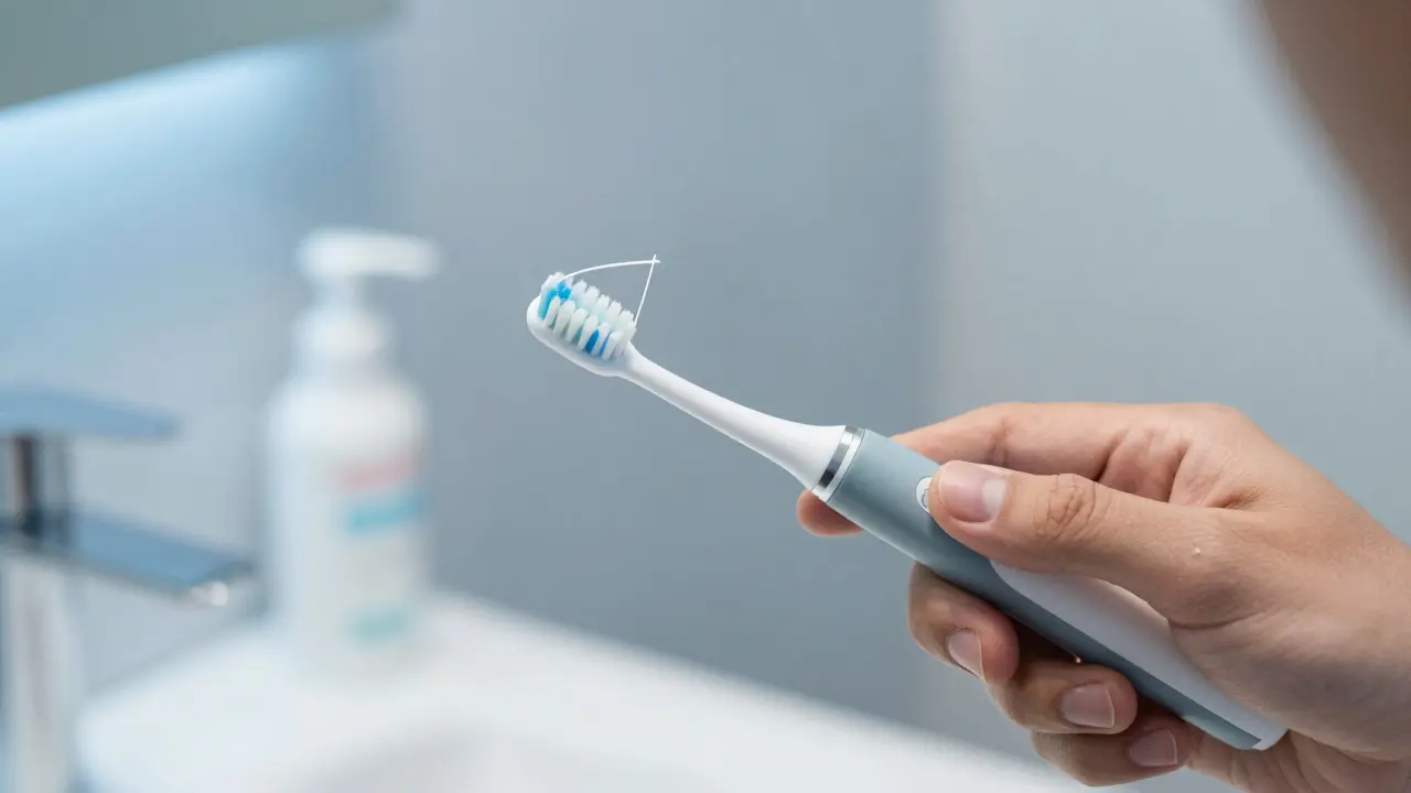 Zubní kartáček a nit jako symbol prevence a důležité ústní hygieny.