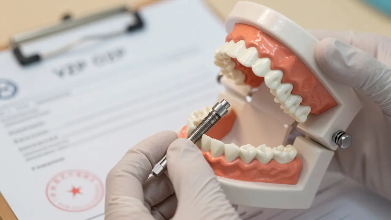 Zubní lékař drží model implantátu s dokumenty pojišťovny na pozadí