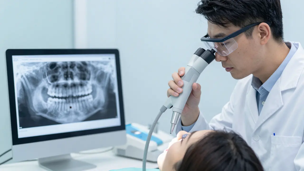 Zubní lékař používá intraorální kameru a rentgen k diagnostice kazu mezi zuby.