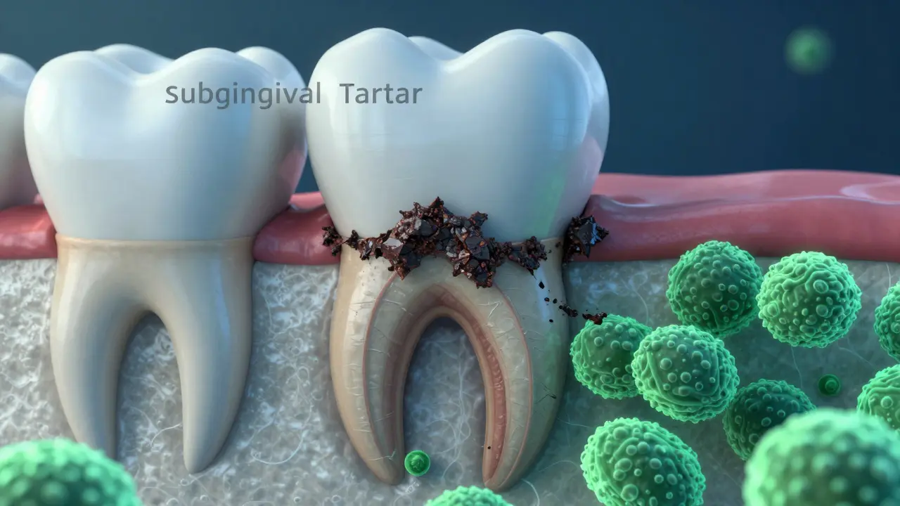 3D model zubního kamene pod dásní a eroze kosti