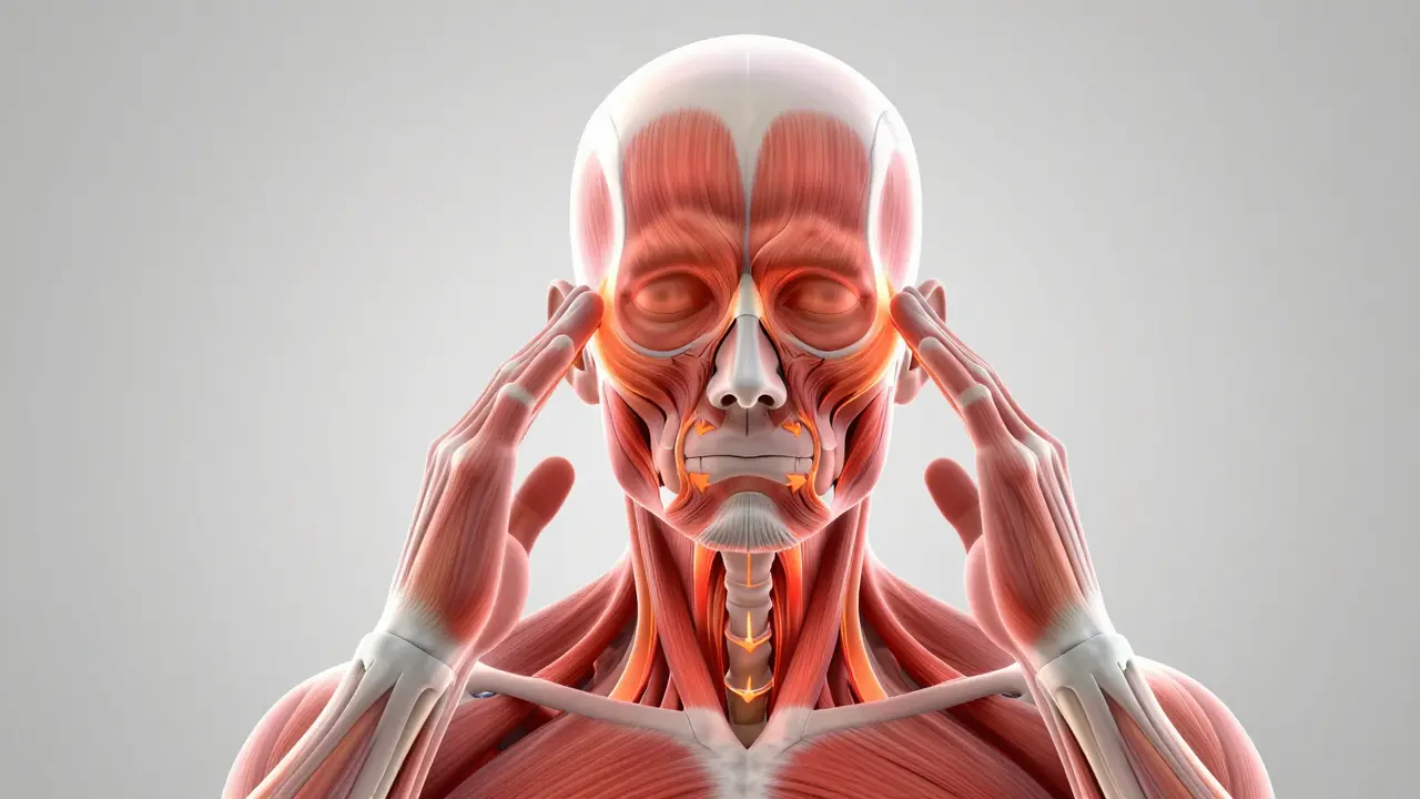 Anatomická ilustrace napětí svalů čelisti a hlavy