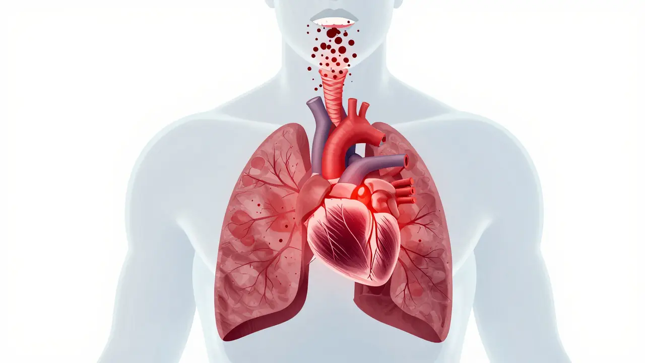 Anatomická ilustrace spojující ústní zánět se srdcem a plícemi
