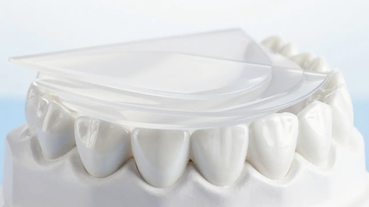 Makro záběr tenkých porcelánových destiček na modelu zubu