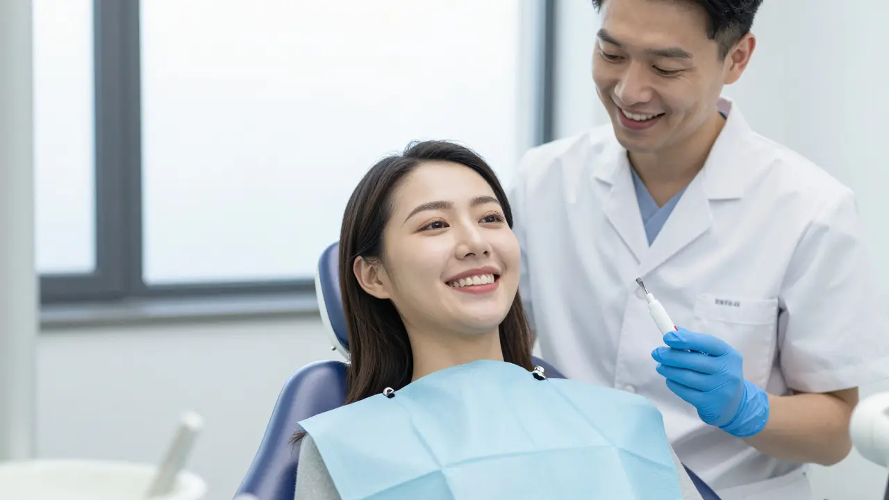Spokojený pacient po profesionální dentální hygieně v ordinaci