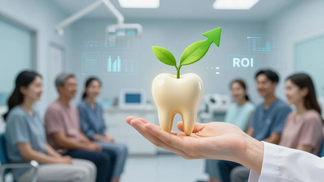 Symbolický obrázek růstu zisku a spokojených pacientů v dentální péči