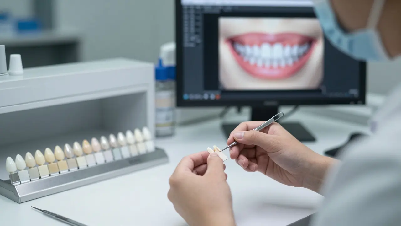 Technik vyrábějící keramickou fazetu v moderní laboratoři