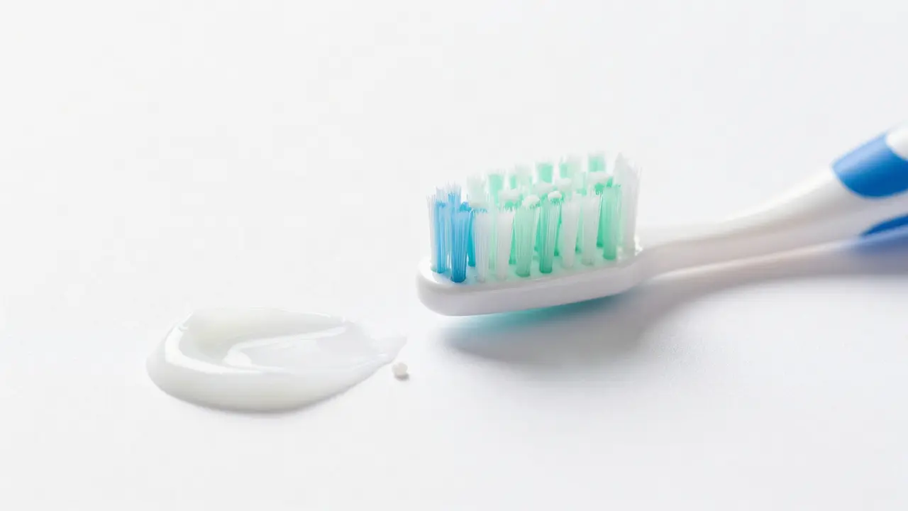 Ultrajemný kartáček a hrášek fluoridové pasty na bílém podkladu