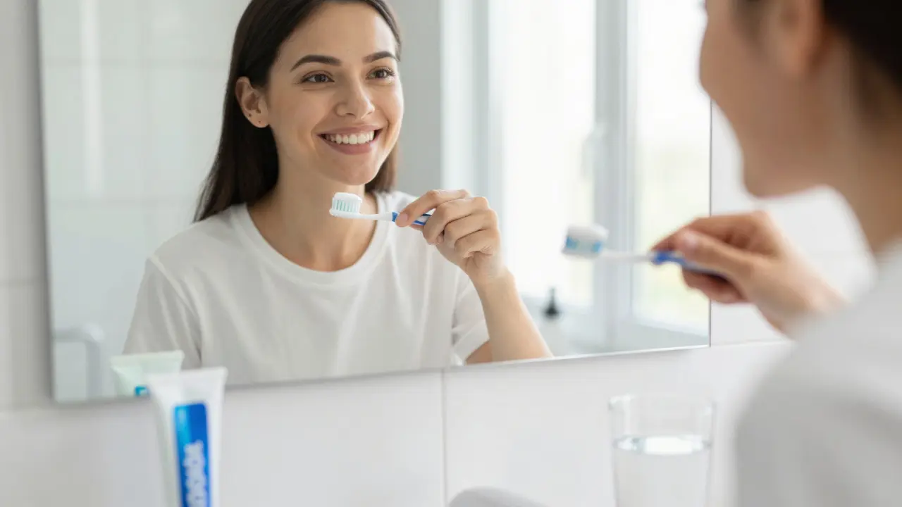 Člověk si čistí zuby pastou v moderní koupelně při ranní hygieně