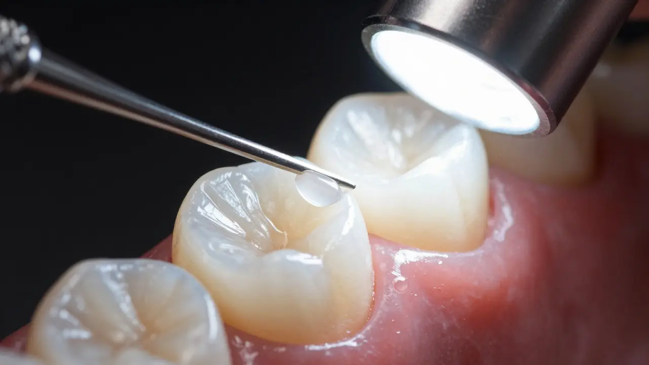 Detailní záběr aplikace keramické fazety na zub za pomocí světelné lampy