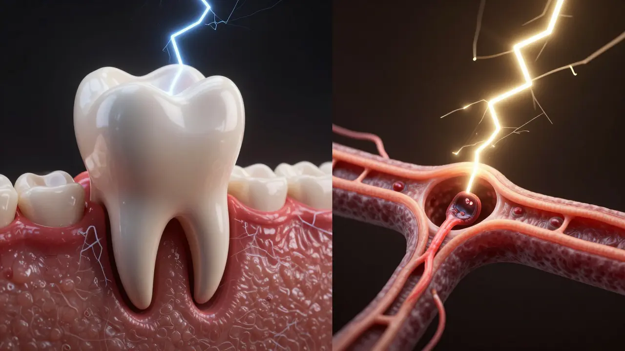 Konceptuální zobrazení komprese nervu cévou způsobující neuralgii