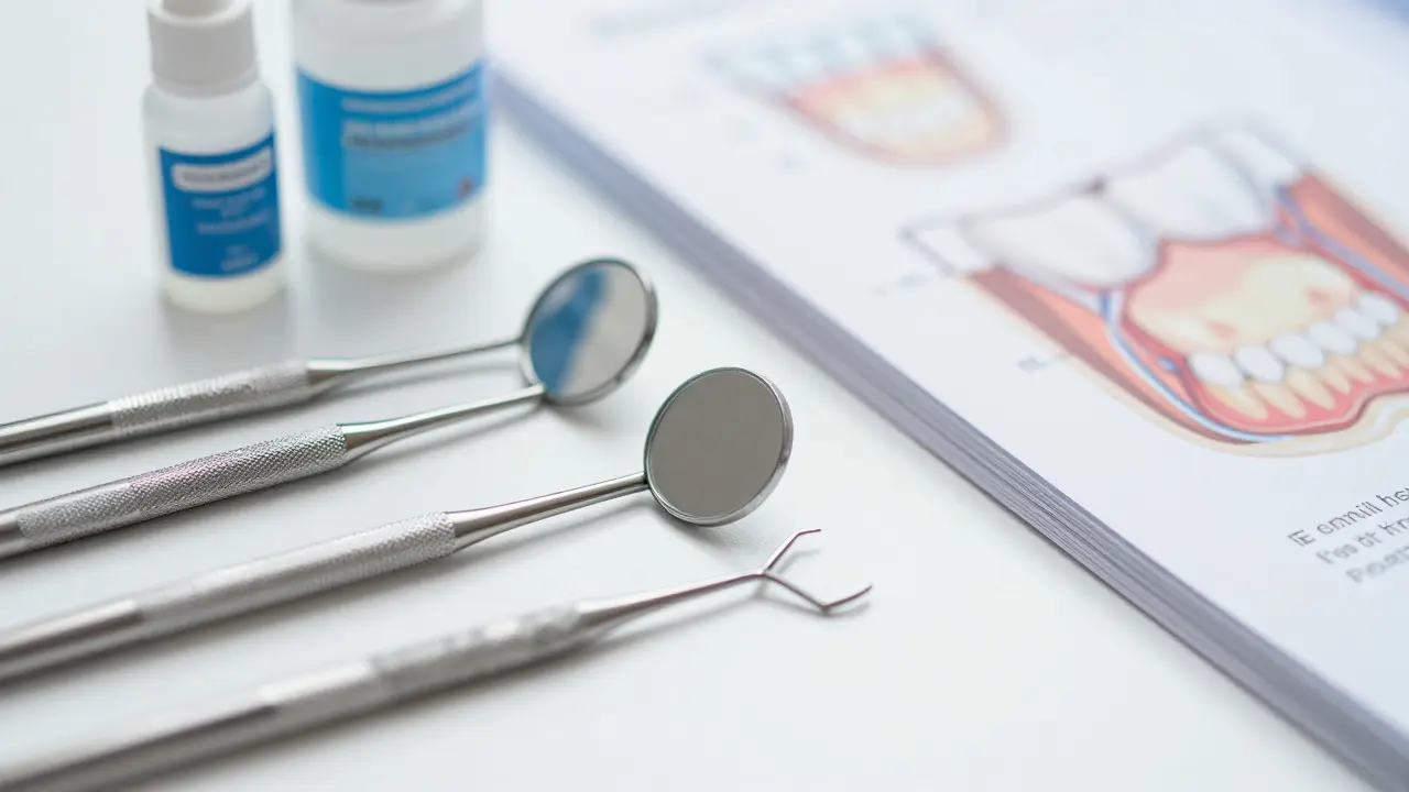 Nástroje pro zubní hygienu a učebnice na stole