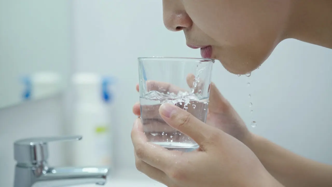 Ruce drží sklenici vody při důkladném vyplachování úst