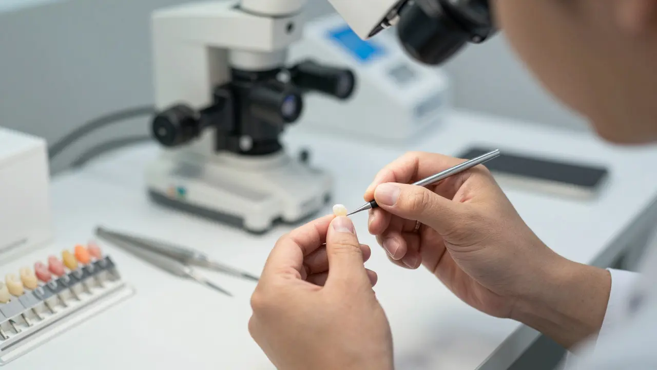 Technik ručně maluje porcelánovou fazetu v zubní laboratoři