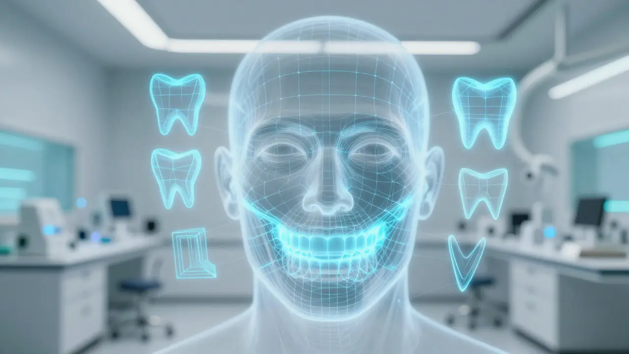Abstraktní vizualizace digitálního návrhu tvarů zubních fazet pomocí geometrických forem