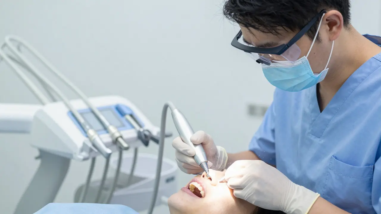 Dentální hygienista provádí ultrazvukové čištění zubů