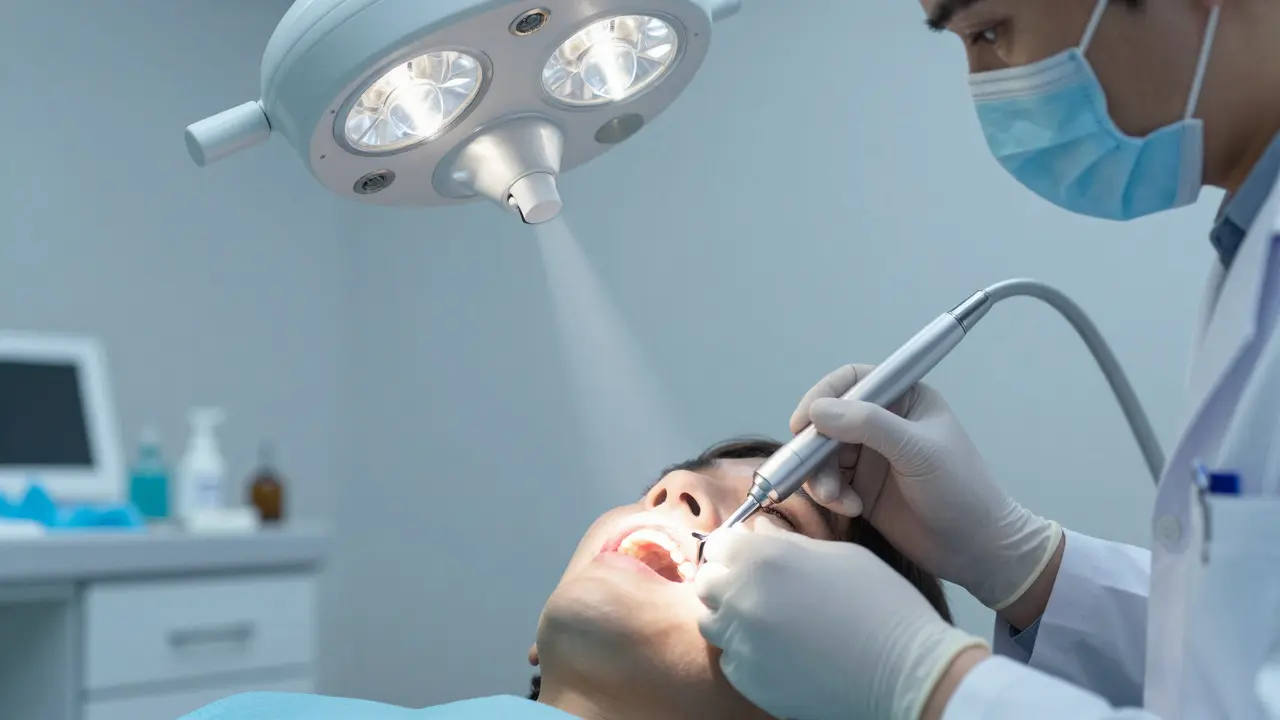 Dentista používá transiluminaci k detekci skryté trhliny na zubech pacienta