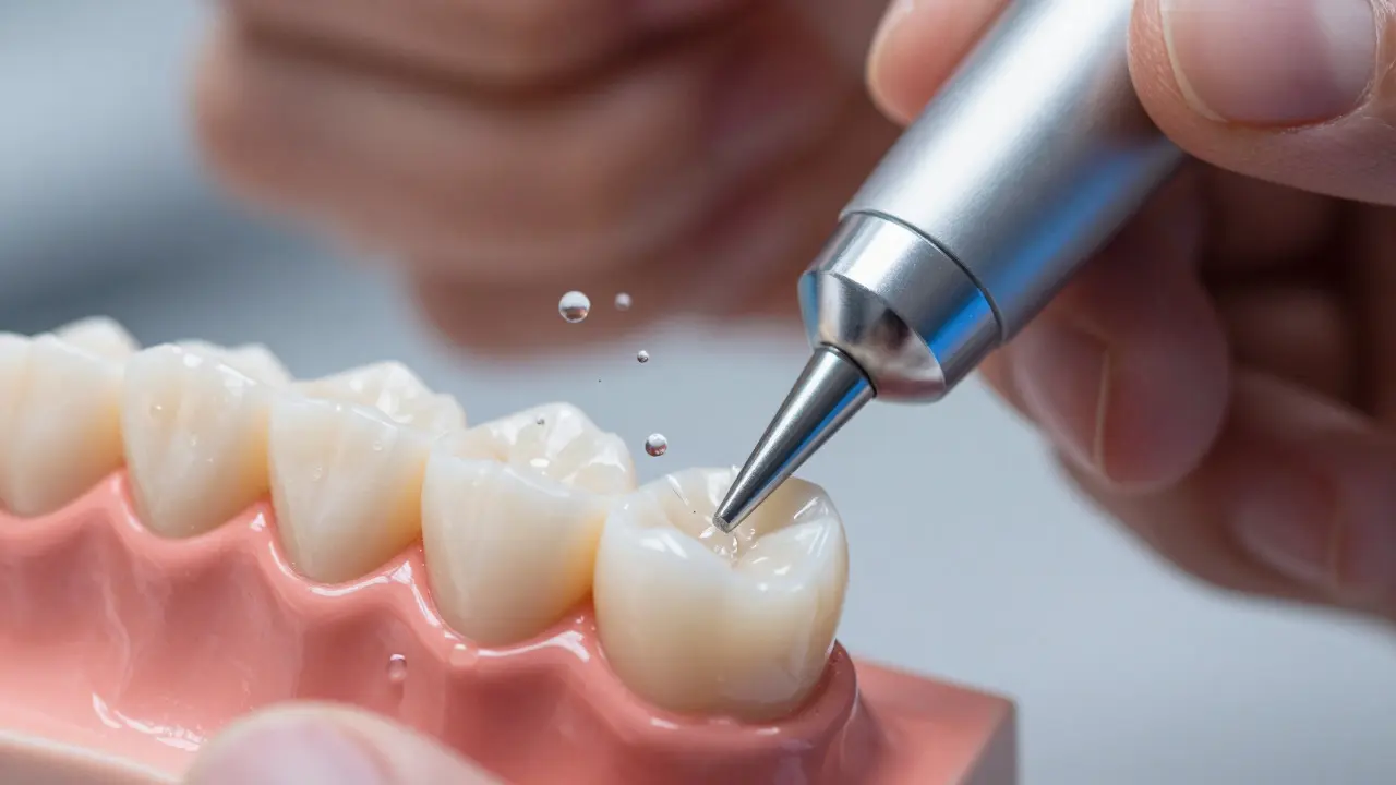 Detailní záběr na ultrazvukový čistič zubů při odstraňování zubního kamene