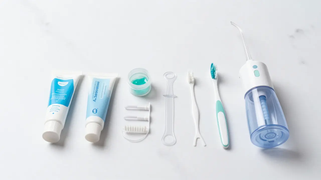 Domácí dentální produkty jako pásky a lepidla na mramorové desce