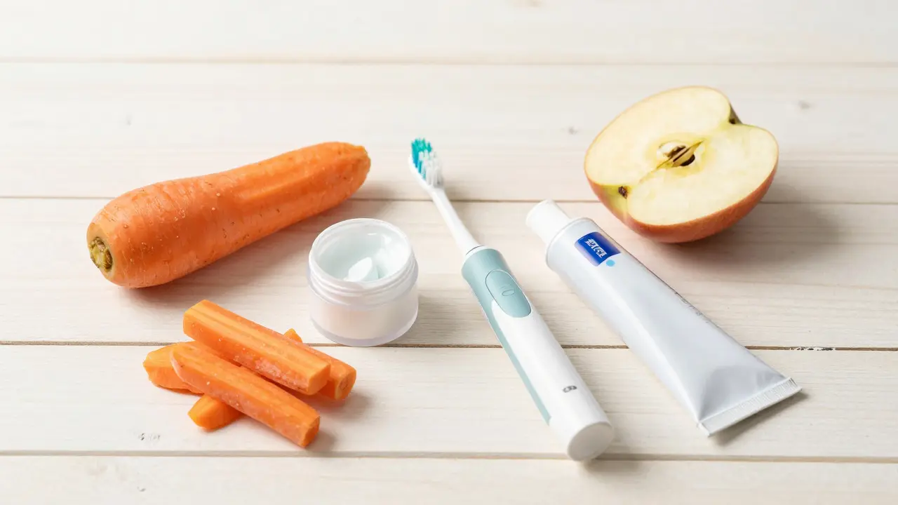 Domácí pomůcky pro ústní hygienu a čerstvá zelenina