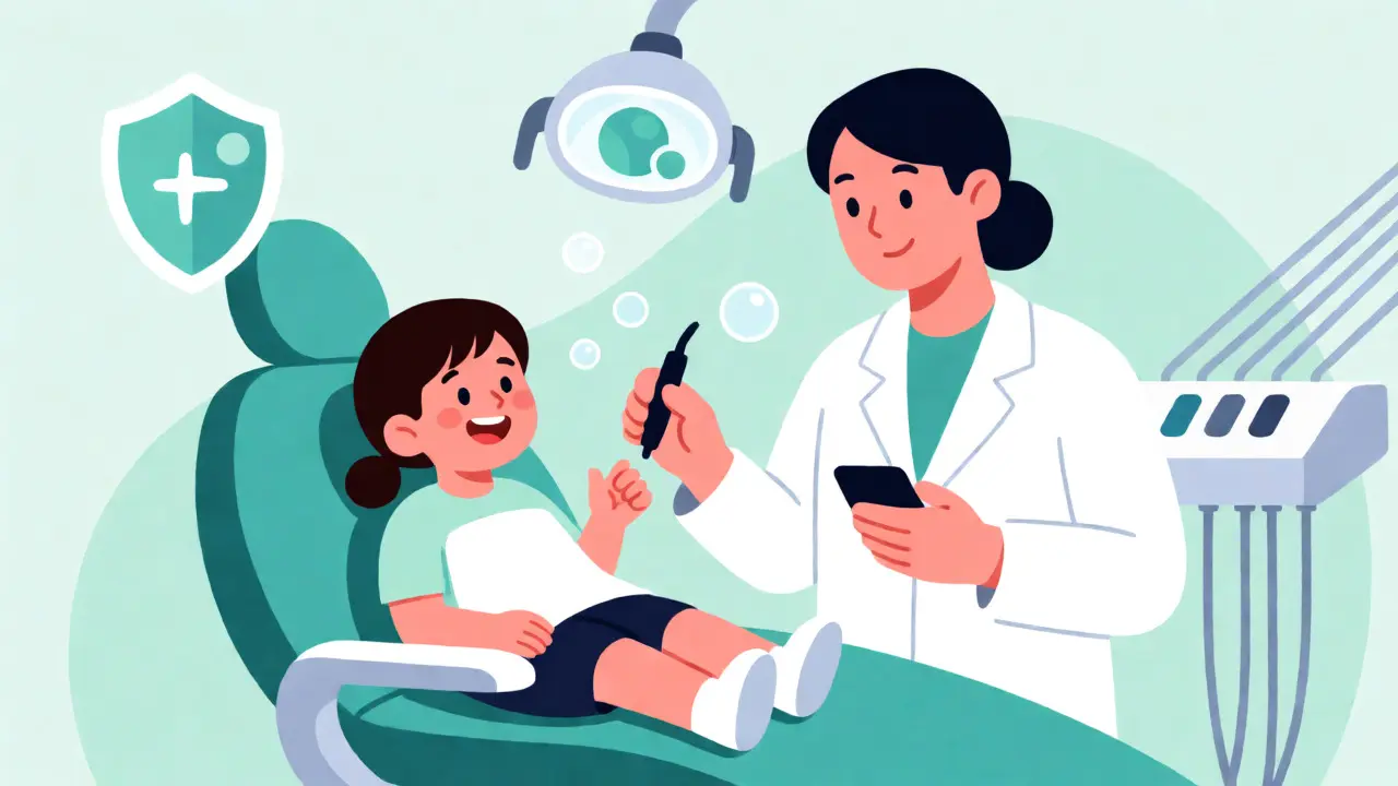 Ilustrace dítěte u dentisty při profesionální hygieně