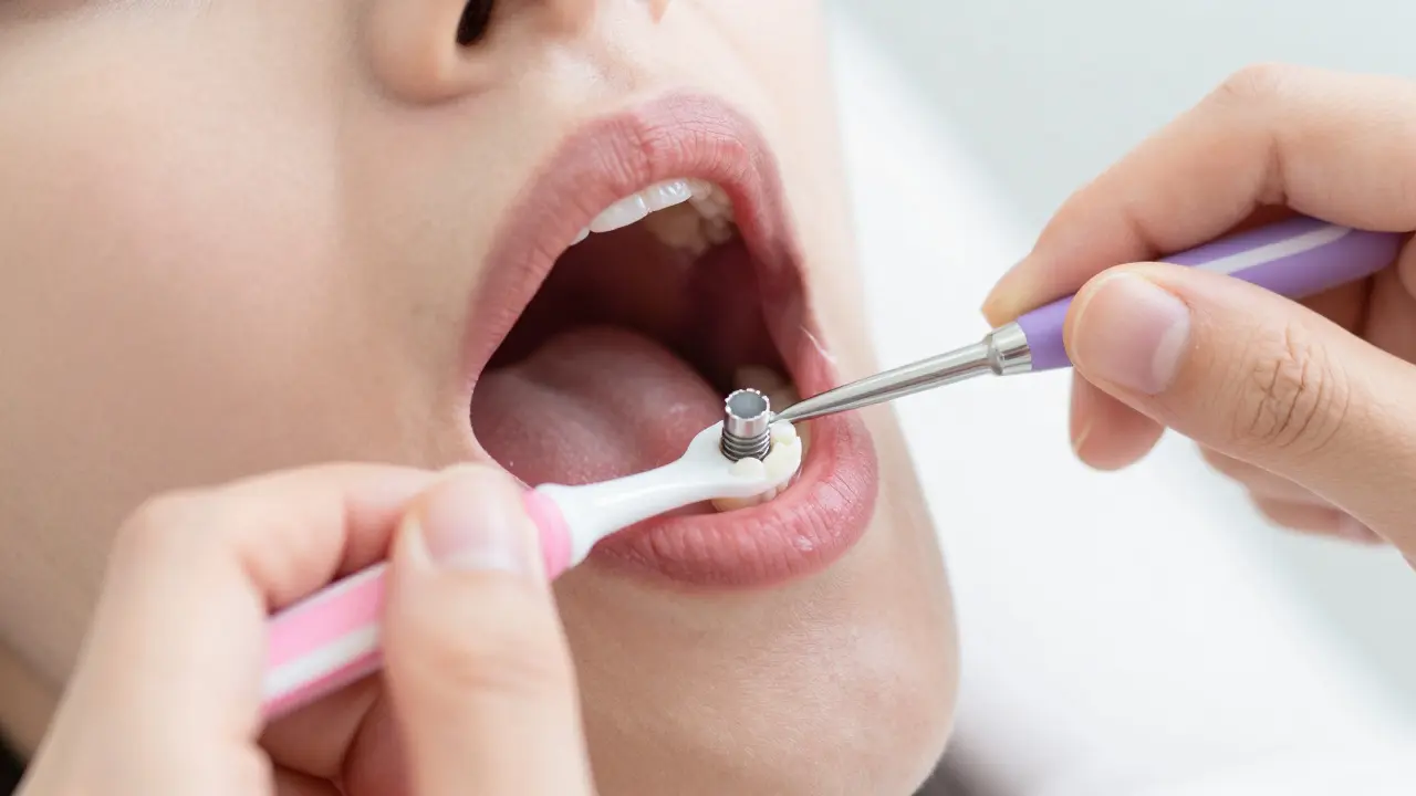 Osoba pečlivě čistí oblast kolem zubního implantátu mezizubním kartáčkem