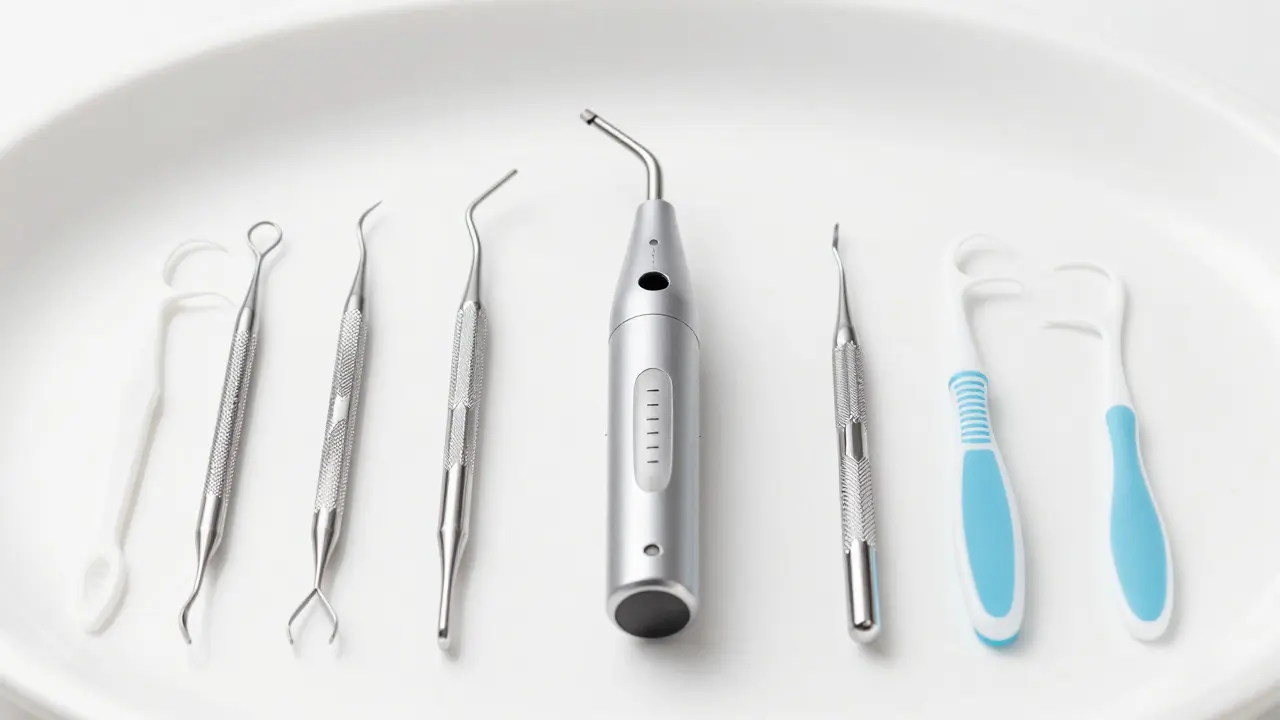 Profesionální dentální nástroje včetně ultrazvukového scalera a mezizubních kartáčků