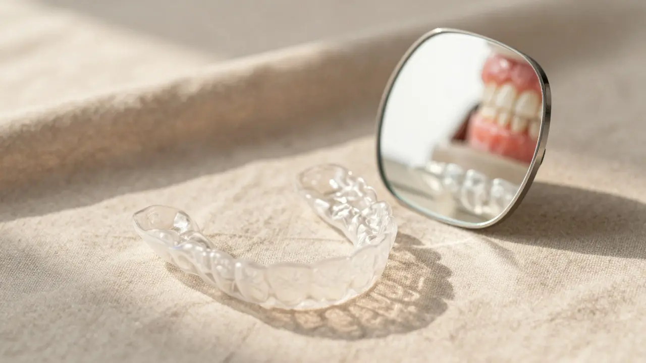 Průhledný retainer na látkovém povrchu symbolizující výsledek léčby