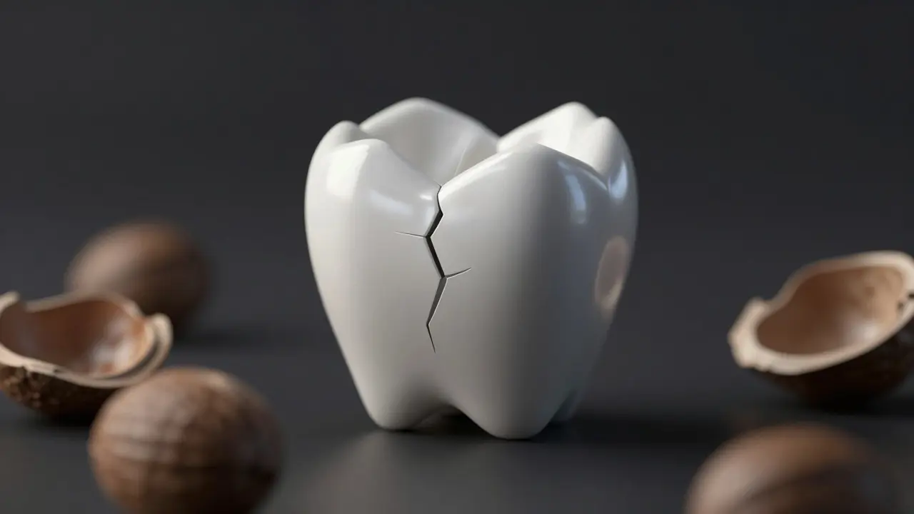 Rozbitá keramická korunka symbolizující křehkost materiálu