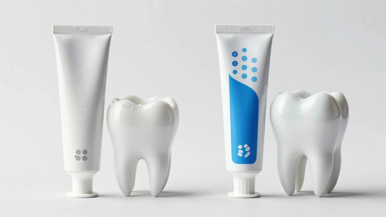 Srovnání abrazivní bělící pasty a fluoridové pasty pro ochranu zubů.